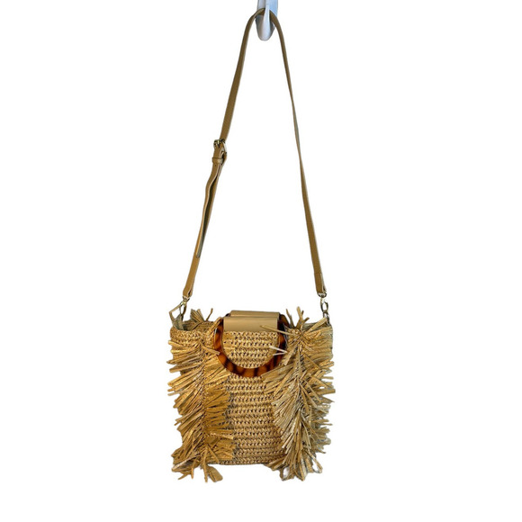 Sondra Roberts Boho Beach Fringe Squared Natural Straw Raffia Weave Bag Purse - Picture 7 of 15